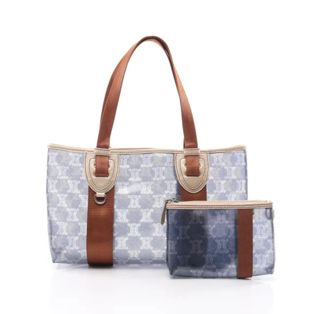 Celine Macadam Tote Bag Vinyl Leather Navy Blue Brown